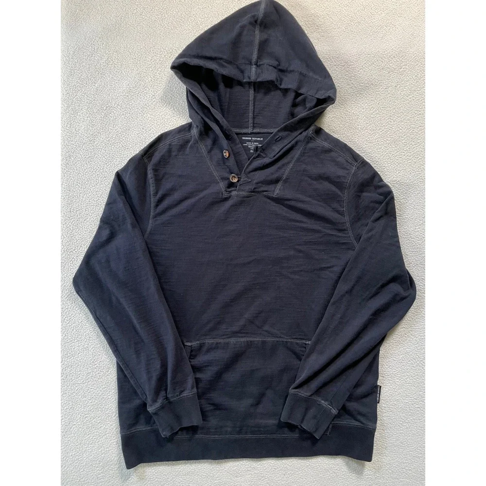 Banana Republic Mens Extra Large Hoodie True Navy Blue Slub Cotton Henley